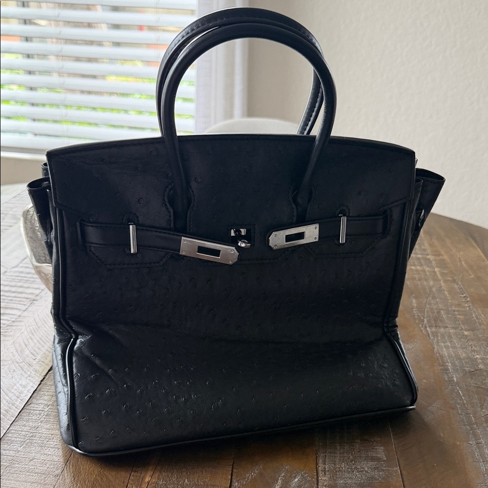 Black Women's Ostrich-Effect Top Handle Bag
